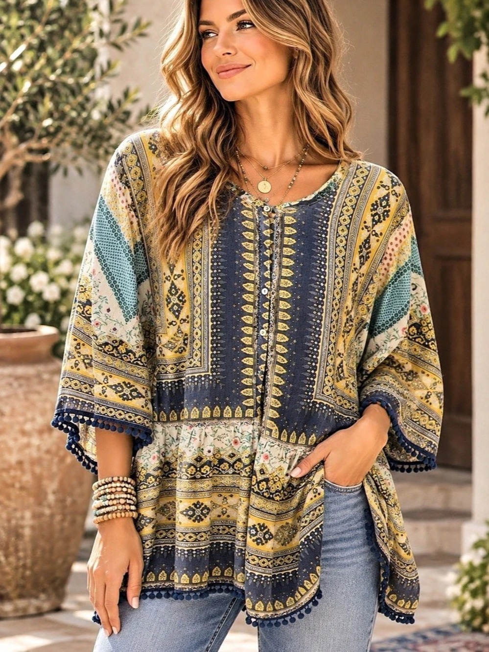 Johnny Was Silk Paisley Pom Trim Button-Front Tunic Top 🦋 🌼